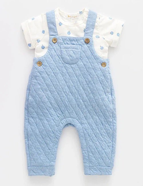 Baby Boy Dungaree Set – Blueberry Print Jersey with Soft dungaree