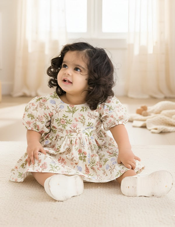 Little girl in pastel floral printed dress sitting indoors – stylish baby girls clothes