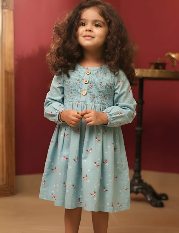 Little girl wearing blue smocked dress with bird print, standing indoors  