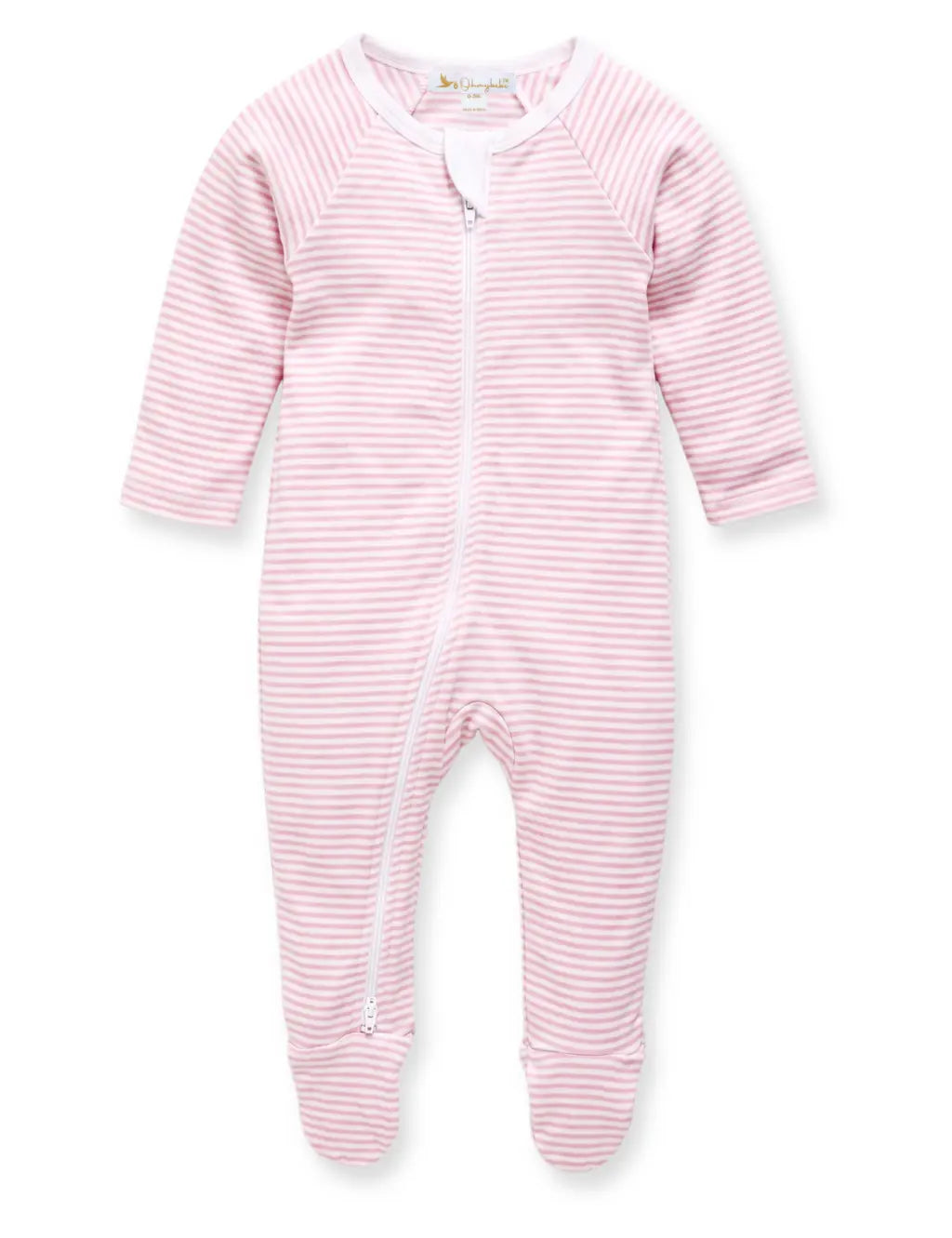 ohmybebe pink and white striped organic cotton baby zip romper