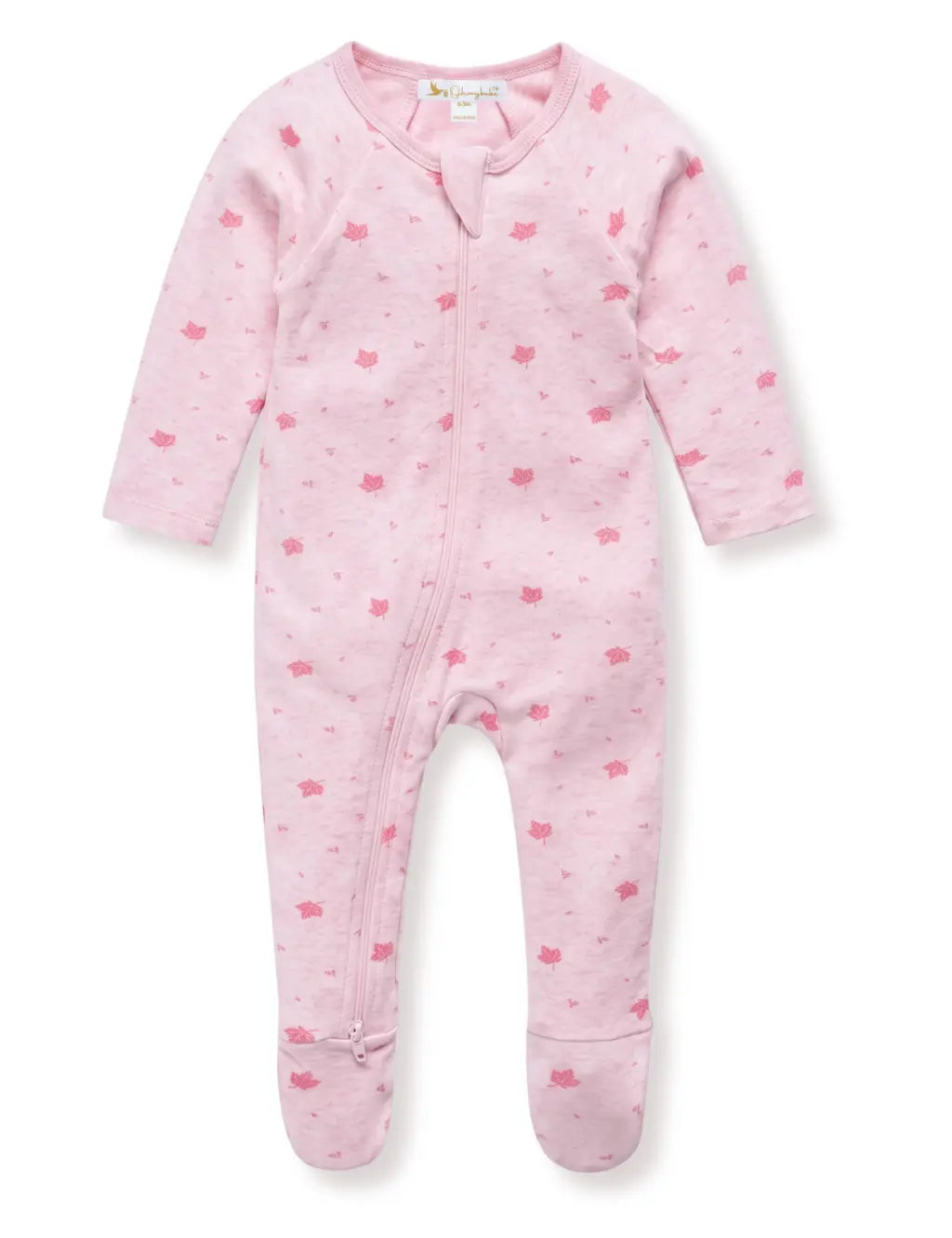 Pink organic cotton baby zip romper by ohmybebe with a delicate leaf print