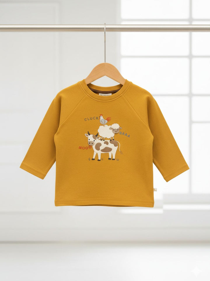 Mustard baby top with cow, sheep, and rooster embroidery – organic cotton