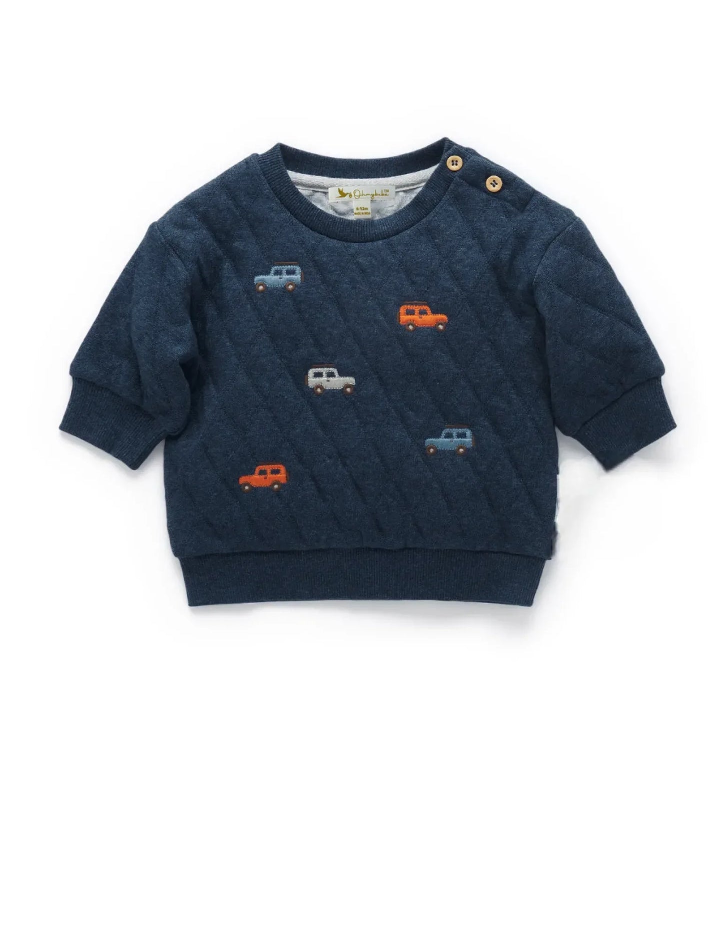 Navy quilted baby boy sweater with embroidered colorful cars and shoulder buttons
