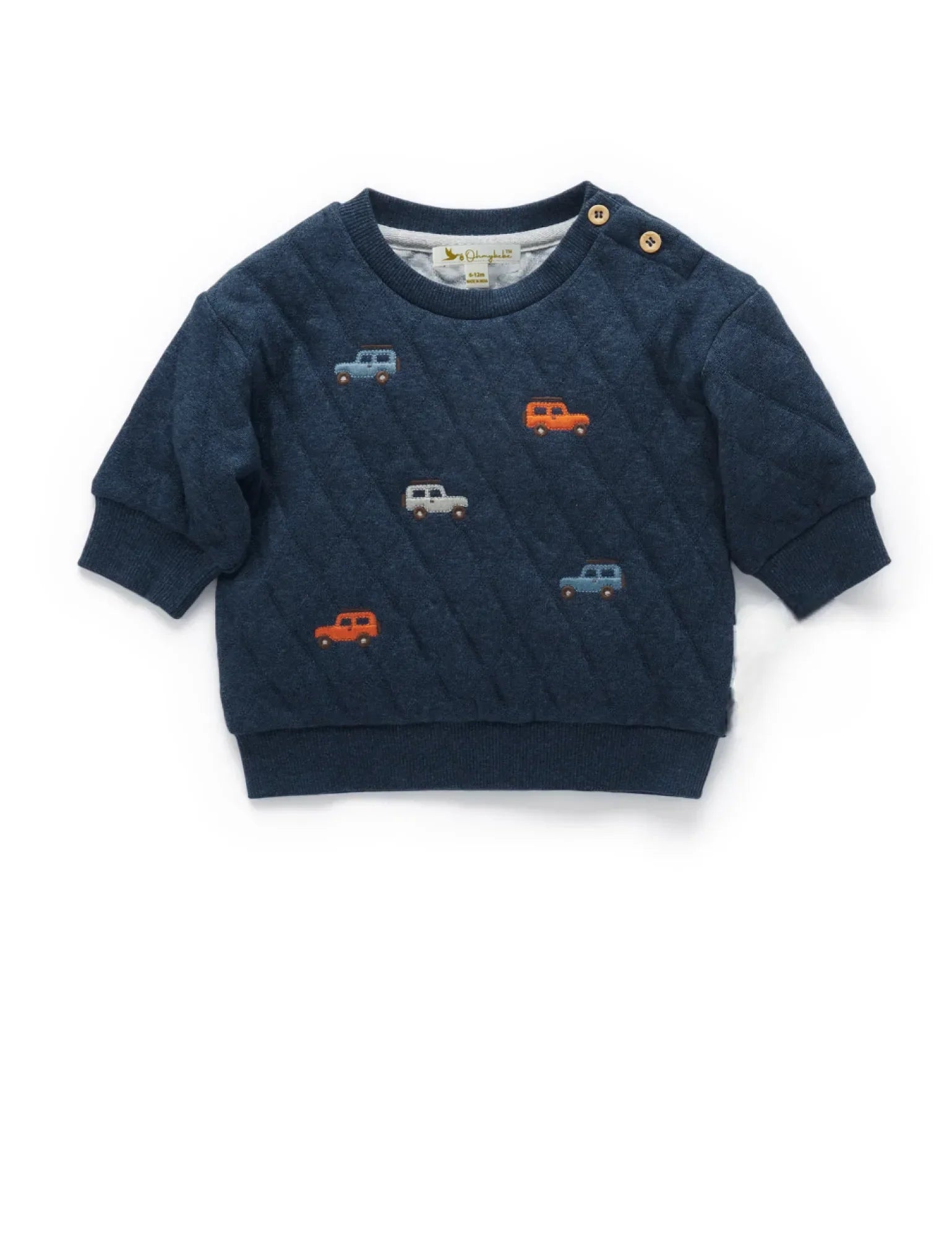 Navy quilted baby boy sweater with embroidered colorful cars and shoulder buttons