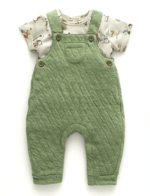 Olive green quilted baby boy dungaree outfit with printed short sleeve shirt featuring animals and bicycles