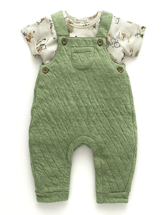 Olive green quilted baby boy dungaree outfit with printed short sleeve shirt featuring animals and bicycles
