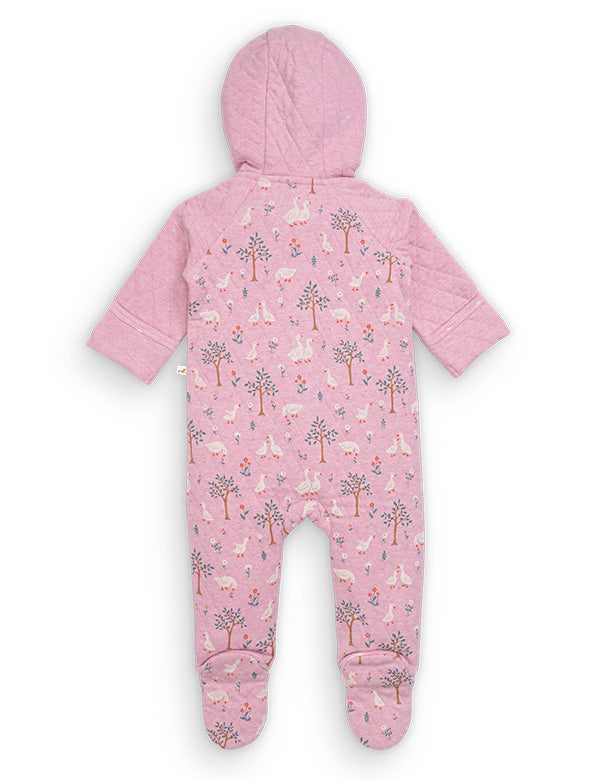 Pink hooded baby romper with animal and tree pattern, long sleeves, and footed design