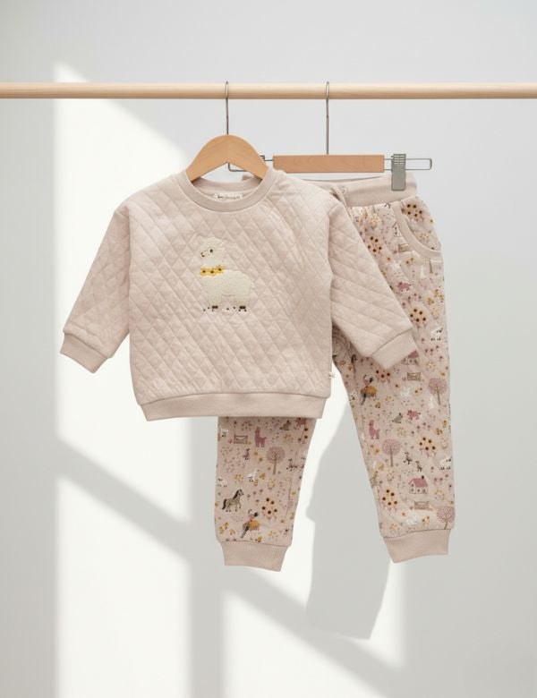 Organic cotton beige baby winter outfit with quilted sweater featuring alpaca design and printed pants