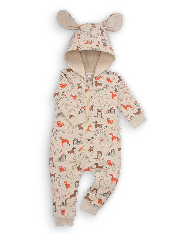 Organic cotton baby romper with dog prints, hood with ears, and zipper closure
