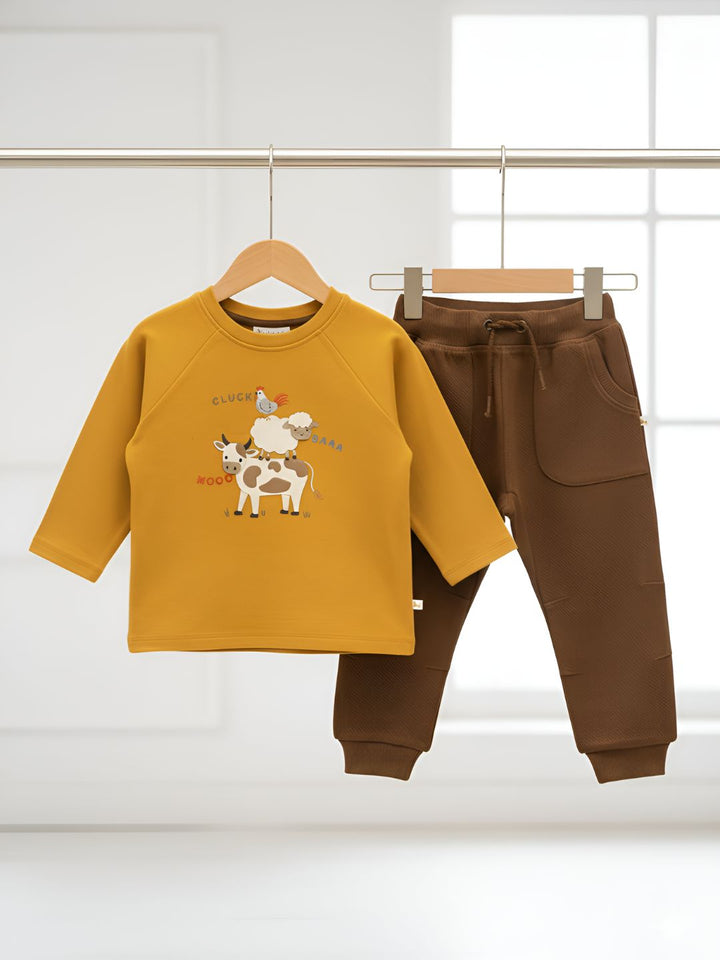 Organic cotton mustard farm animal top with brown jogger pants set for babies
