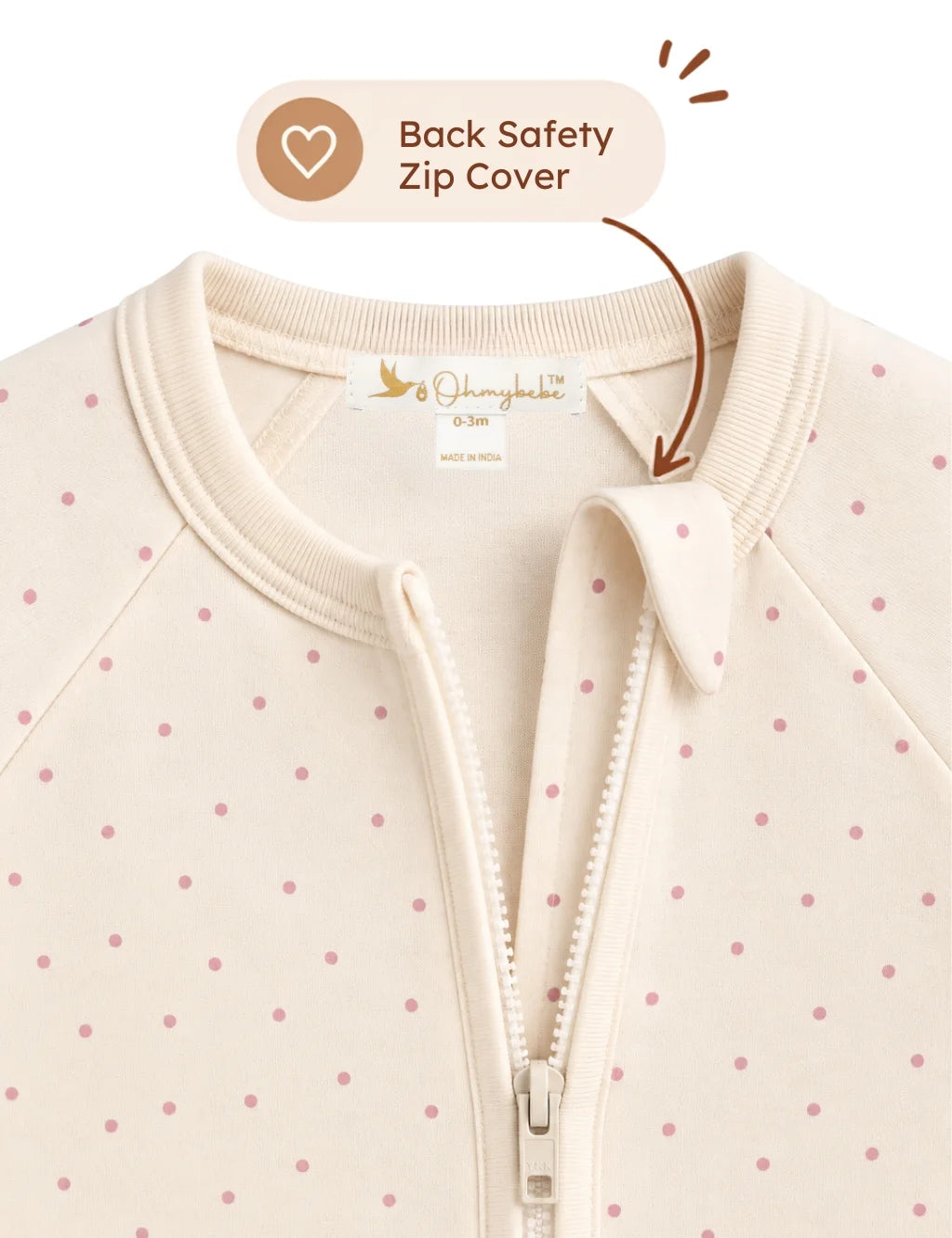 Close-up of ohmybebe peach mini spot growsuit featuring a back safety zip cover.