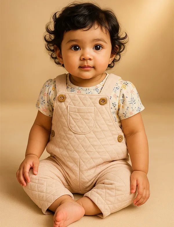 Pastel pink quilted baby dungaree paired with a floral printed tee made from organic cotton