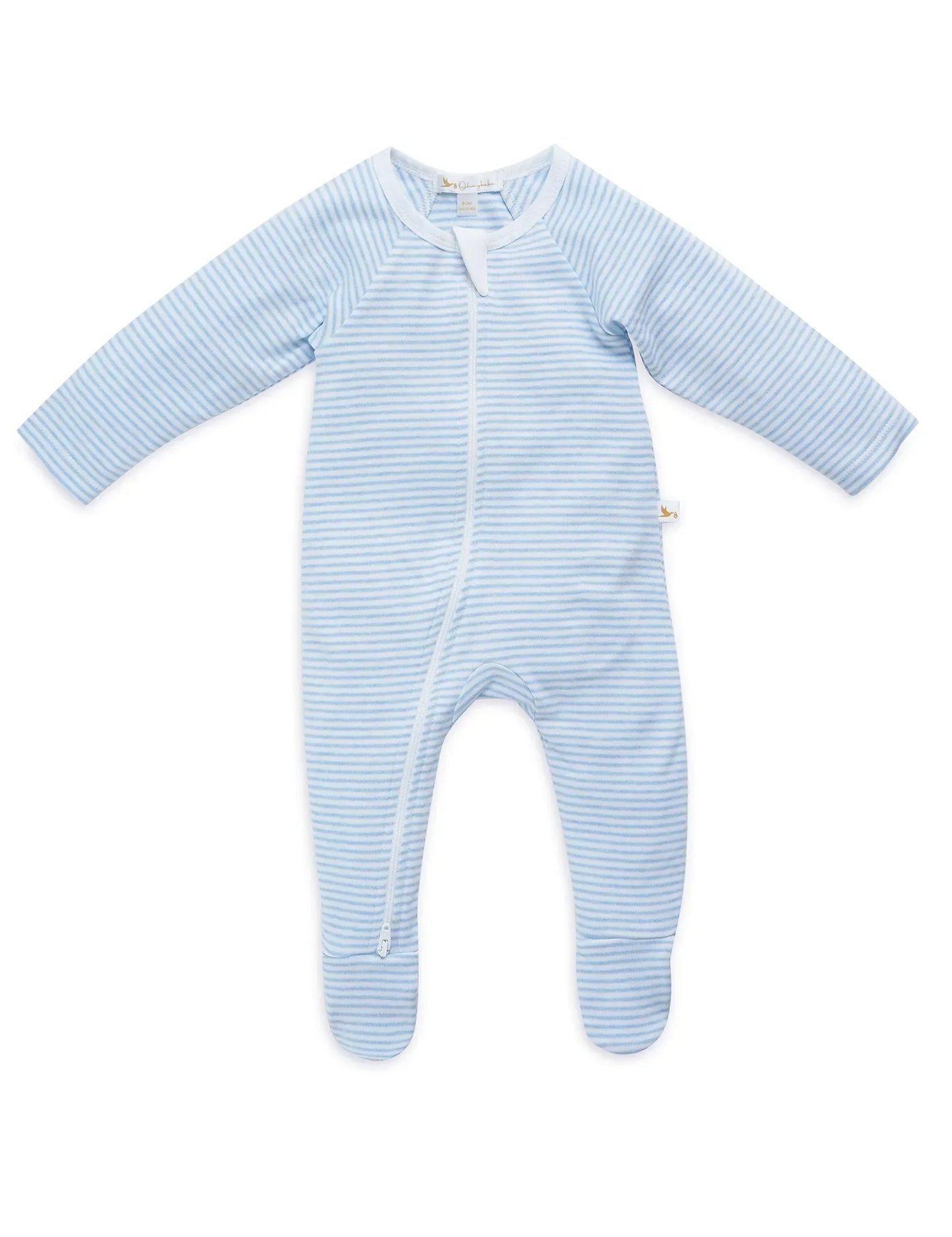 Soft blue striped organic cotton baby sleepsuit with zipper, long sleeves, and footies