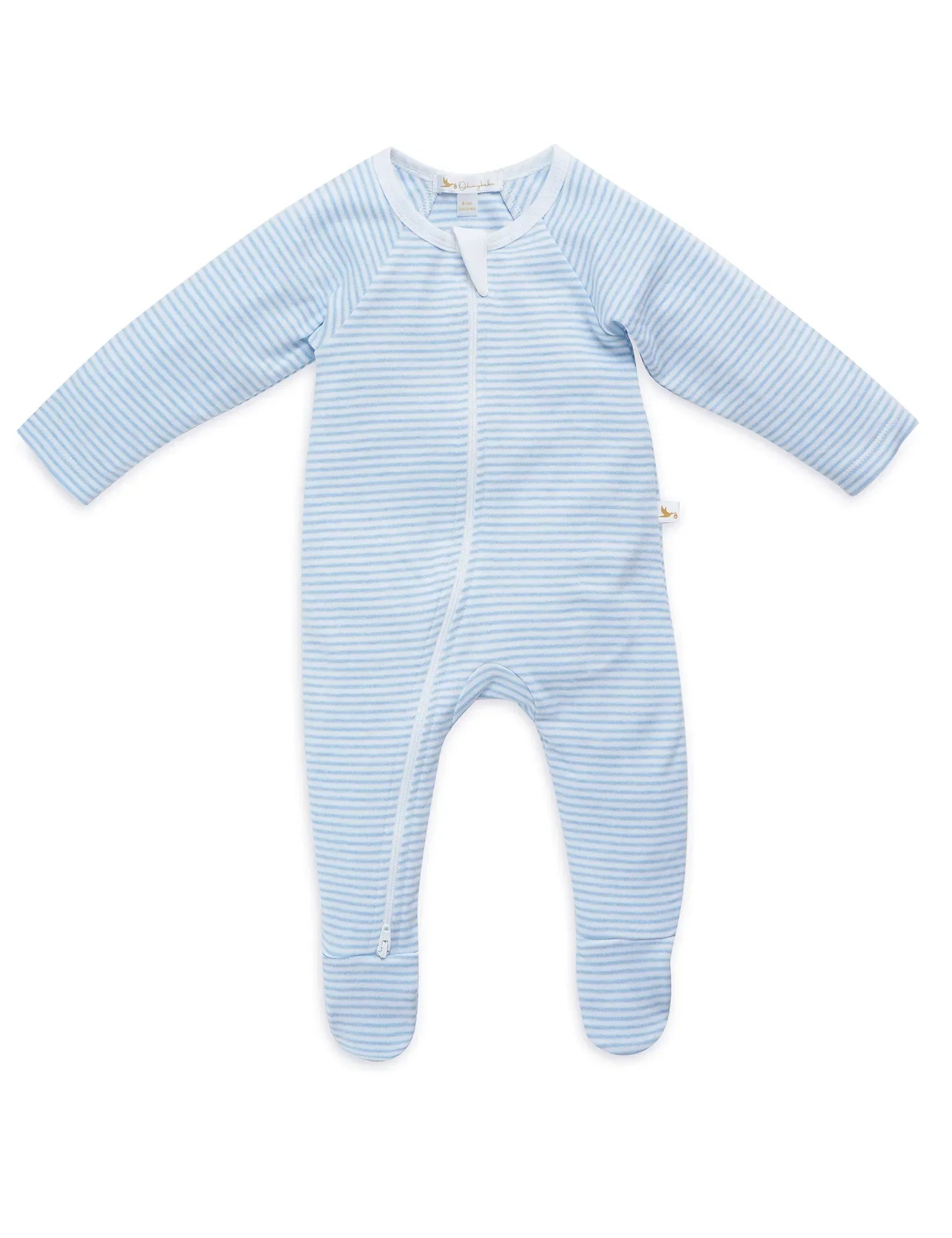 Soft blue striped organic cotton baby sleepsuit with zipper, long sleeves, and footies