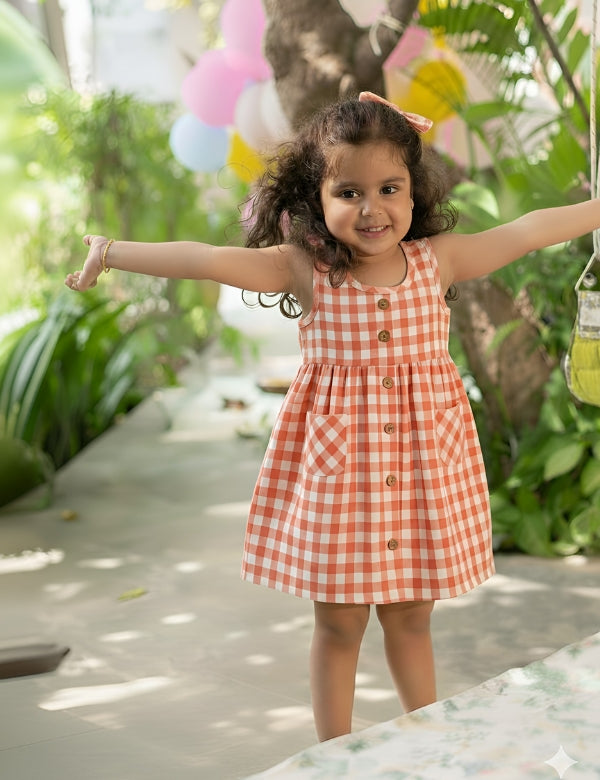 Toddler girl wearing coral gingham sleeveless dress with matching hair bow outdoors 