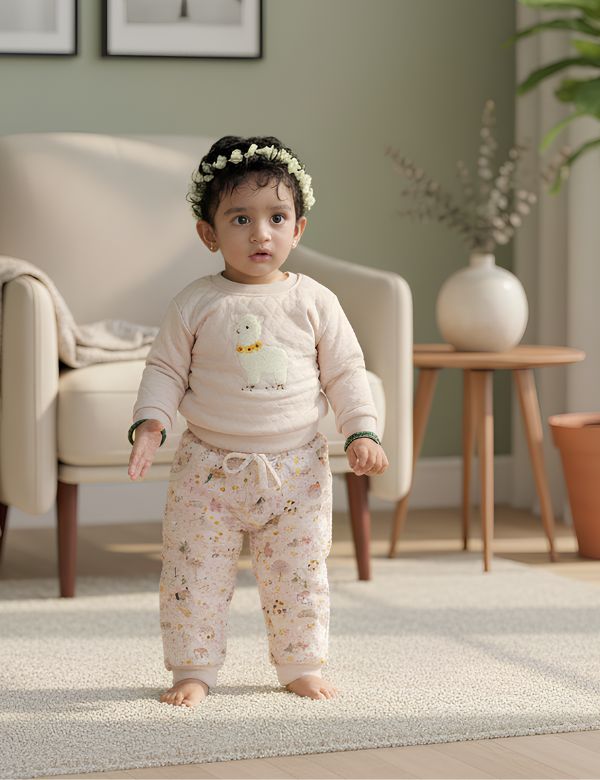 Toddler in beige quilted organic cotton outfit with sheep design and floral pants standing in cozy living room