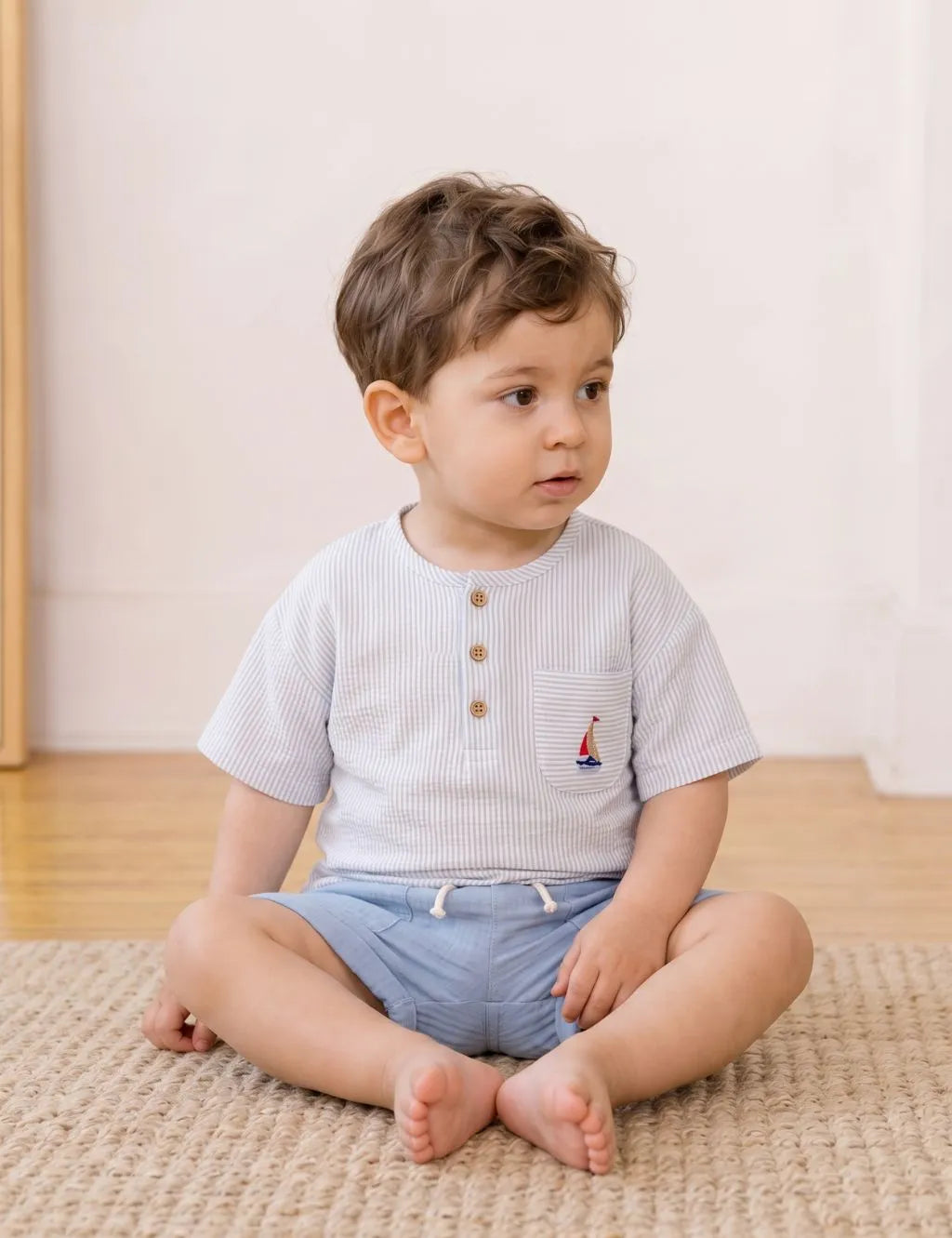 A toddler boy sitting cross-legged on a woven rug, wearing a white and light blue vertically striped short-sleeve henley shirt with a small embroidered sailboat on the chest pocket, paired with light blue shorts.