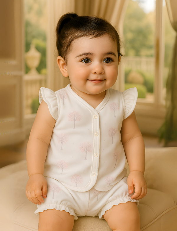 Smiling baby girl in white sleeveless outfit with tree prints sitting indoors near window