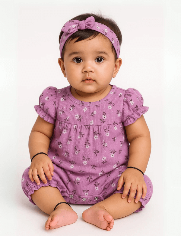 Cute baby girl sitting wearing a purple floral romper and matching headband on white background