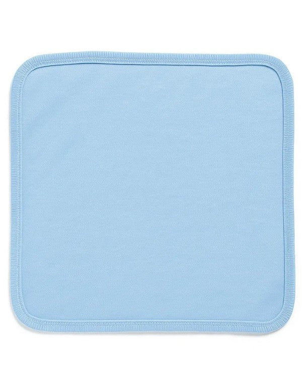Soft light blue square microfiber cleaning cloth with stitched edges on white background