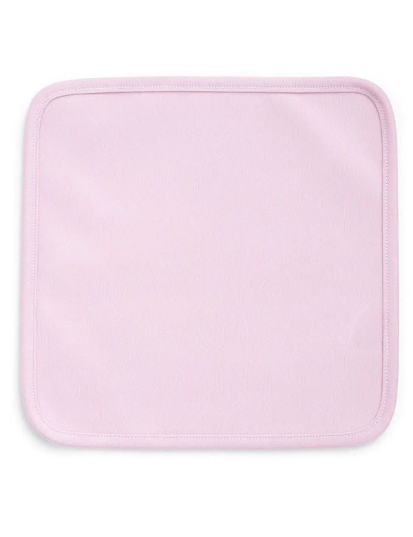 Soft pink microfiber cleaning cloth with rounded edges and stitched border