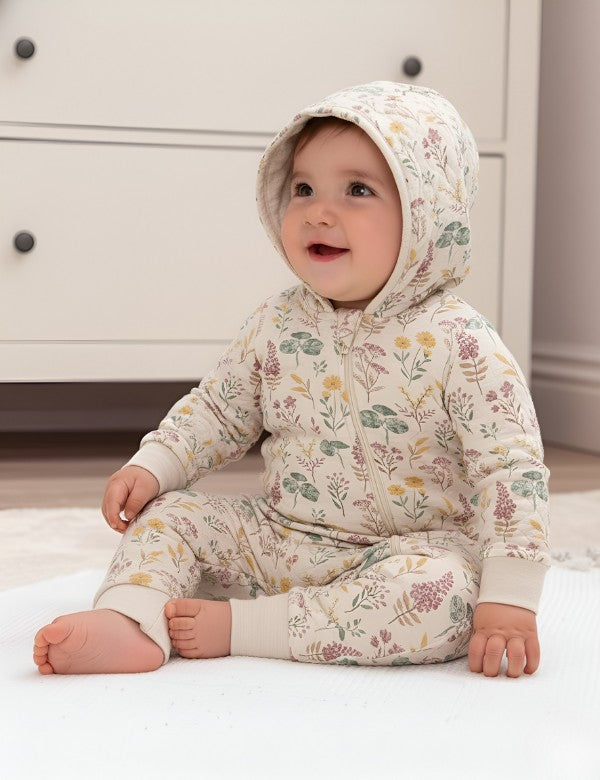 Organic Quilted Lily Pad Printed Baby Romper with Hood