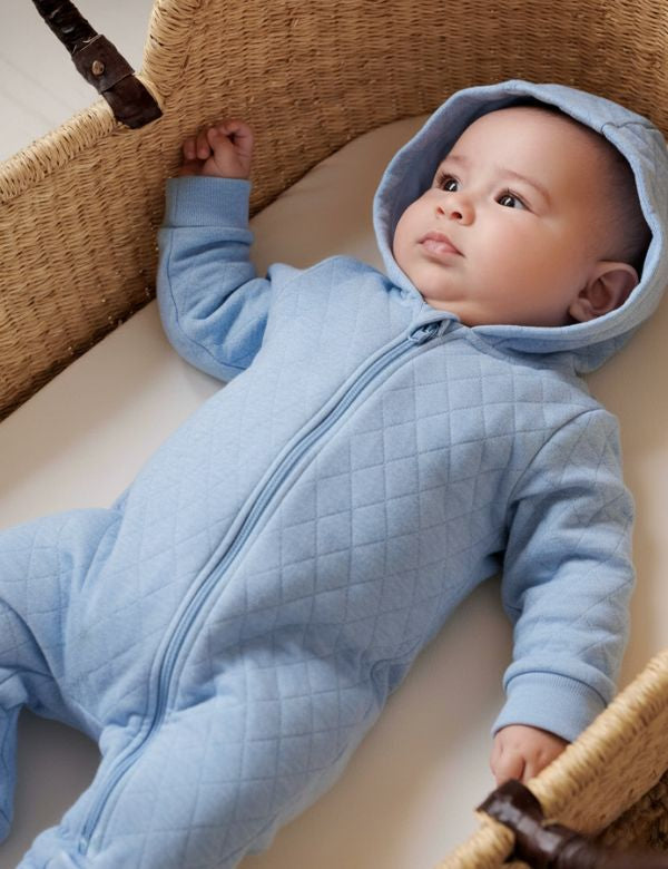 Organic Quilted Blue Baby Romper with Hood