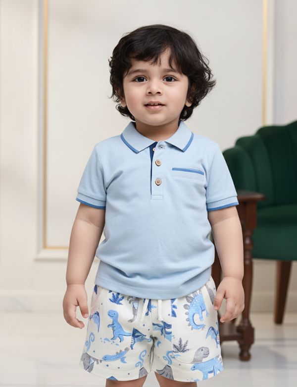 Organic Cotton Polo Tee & Shorts Set – Sky Blue & Dino Dreams Print
