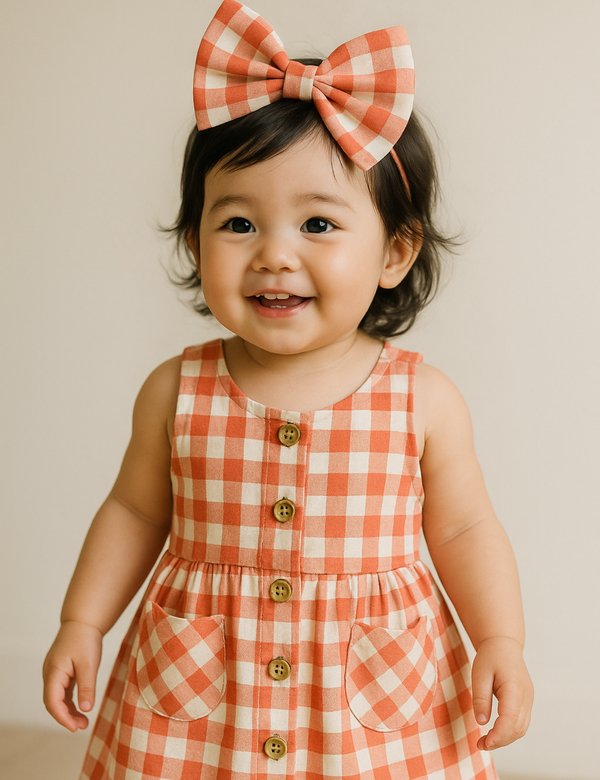 Stylish Baby Girl Checkered Dress with Bow - Organic Linen Cotton