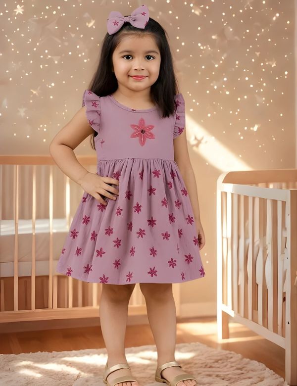 Organic Cotton Dress with Floral Hair Clip - Mulberry