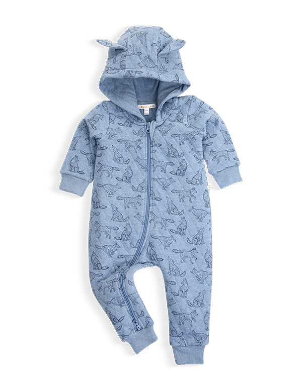 Front view of blue organic cotton animal print quilted baby romper with hood and ribbed cuffs