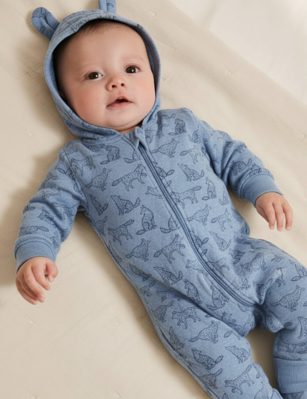 Baby wearing blue organic cotton quilted animal print romper with hood – winter baby romper