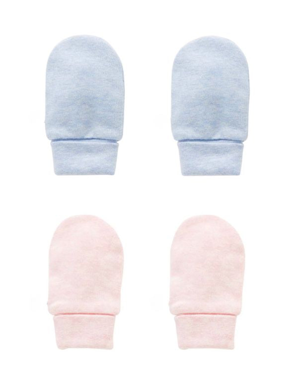 Two pairs of baby mittens in soft blue and pink cotton, designed to prevent scratching