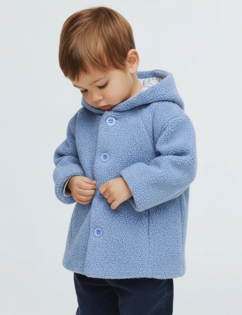 Blue hooded fleece jacket for baby boy, toddler winter wear with front buttons and soft lining