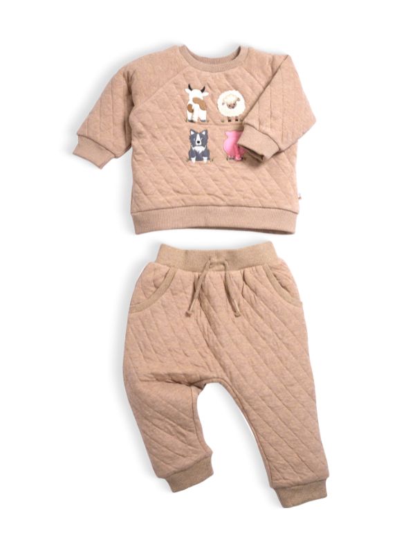 Children's quilted beige sweatshirt and pants set with animal illustrations on a white background