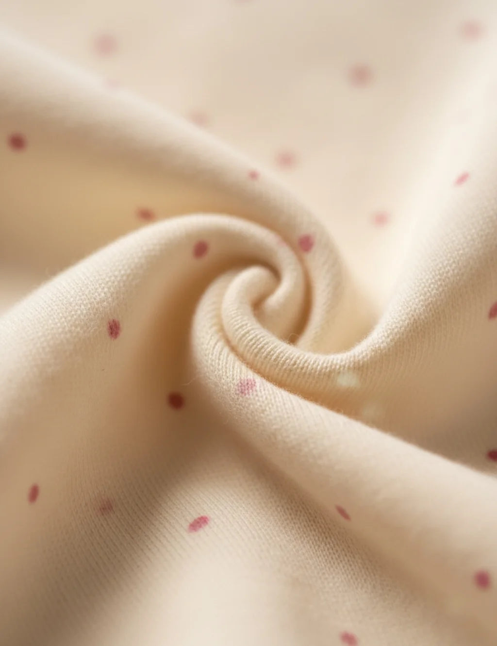 Close-up of beige fabric with small red polka dots