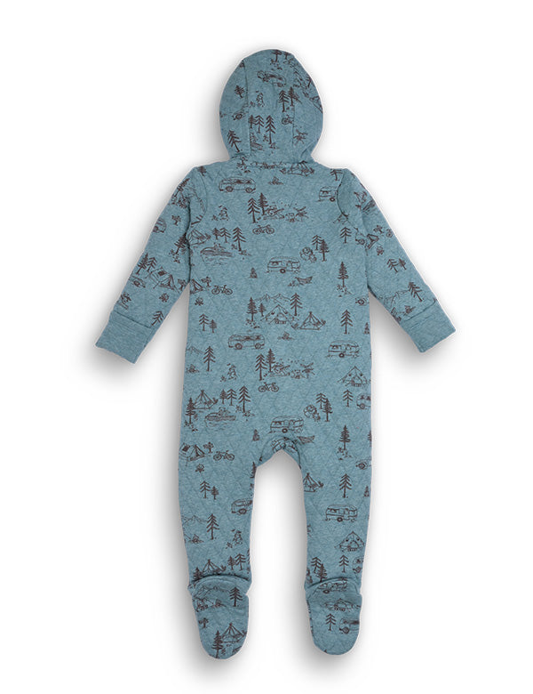 Blue baby onesie with nature print on a white background