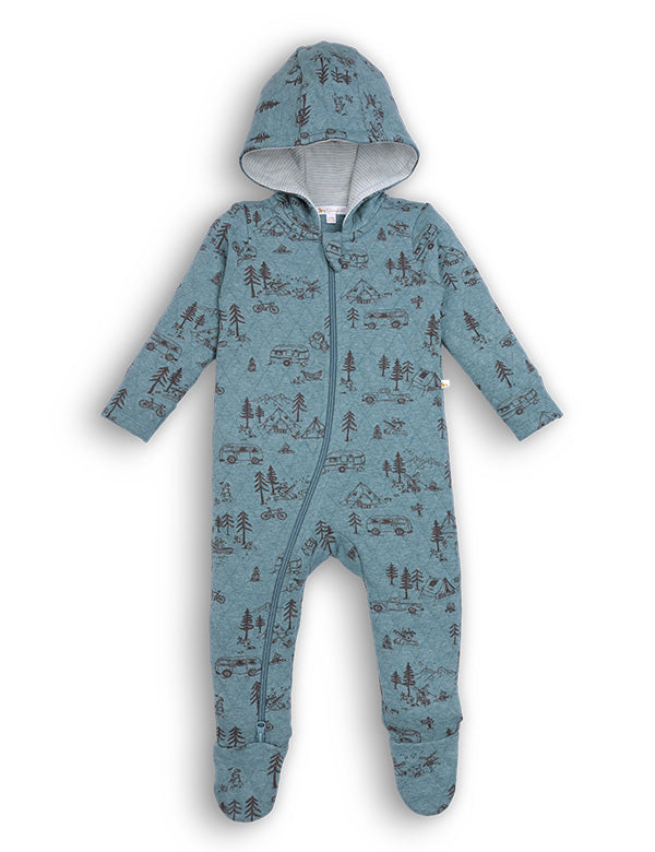 Blue baby onesie with nature print on a white background