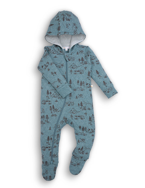 Blue baby onesie with nature print on a white background