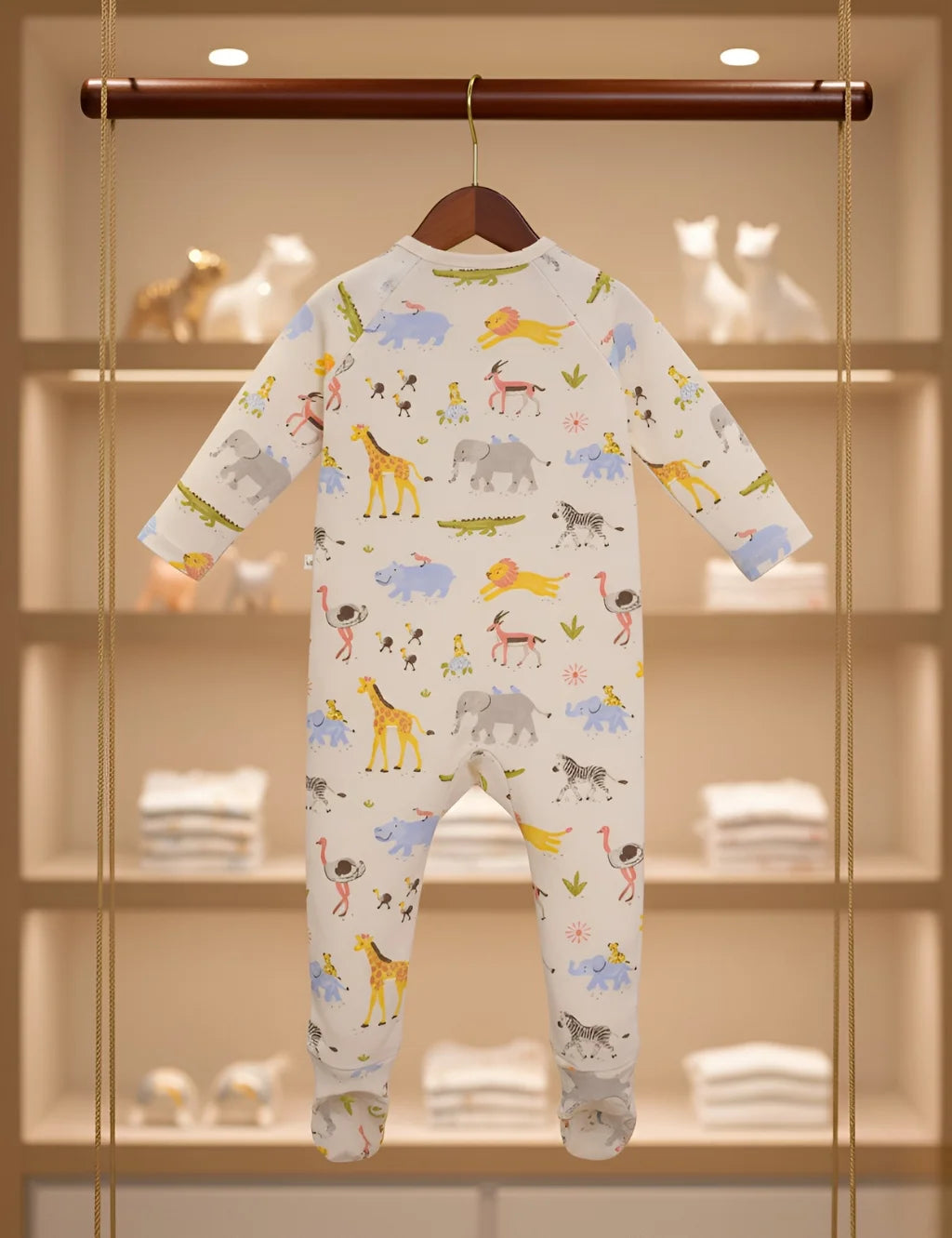 Baby onesie with animal pattern hanging on a wooden hanger against a glass door.