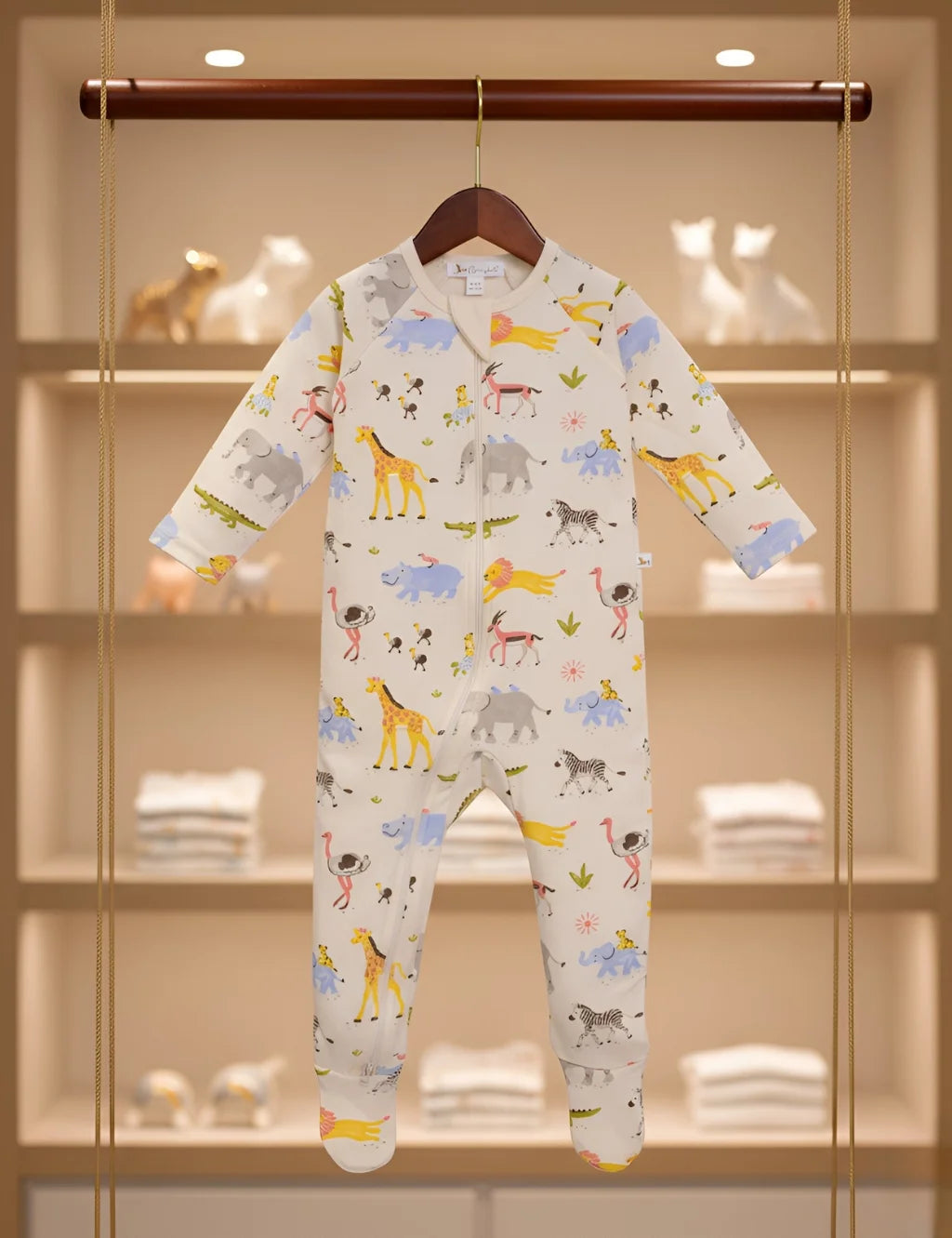 Baby onesie with animal print on a hanger against a glass door background
