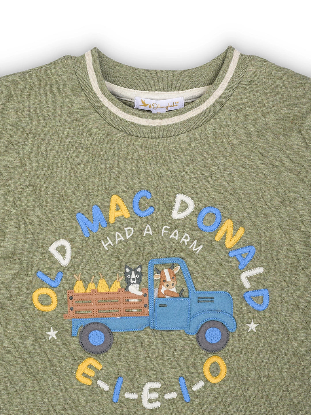 Green children's sweatshirt with 'Old MacDonald Had a Farm' design on a white background