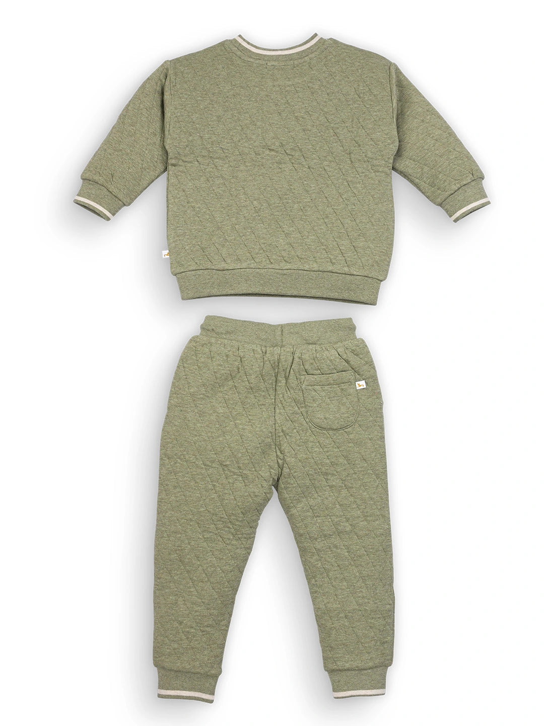 Green children's sweatshirt and pants set on a white background