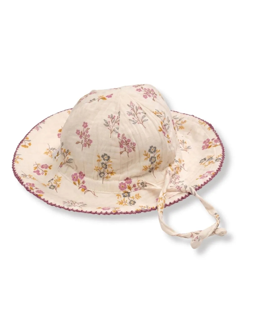 Cream muslin floral print baby sun hat with a wide scalloped brim and tied chin strap on a white background.