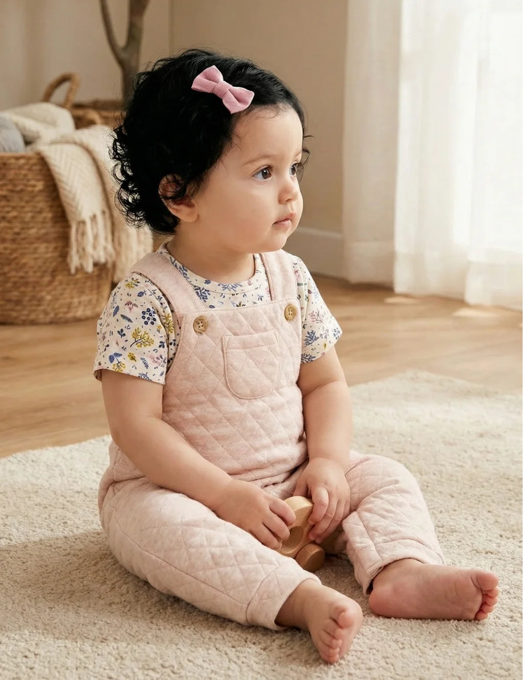 Baby girl sitting on a soft rug indoors, wearing light pink quilted overalls with wooden buttons over a short-sleeve floral print t-shirt. She has a pink bow in her hair and is holding a small wooden toy.