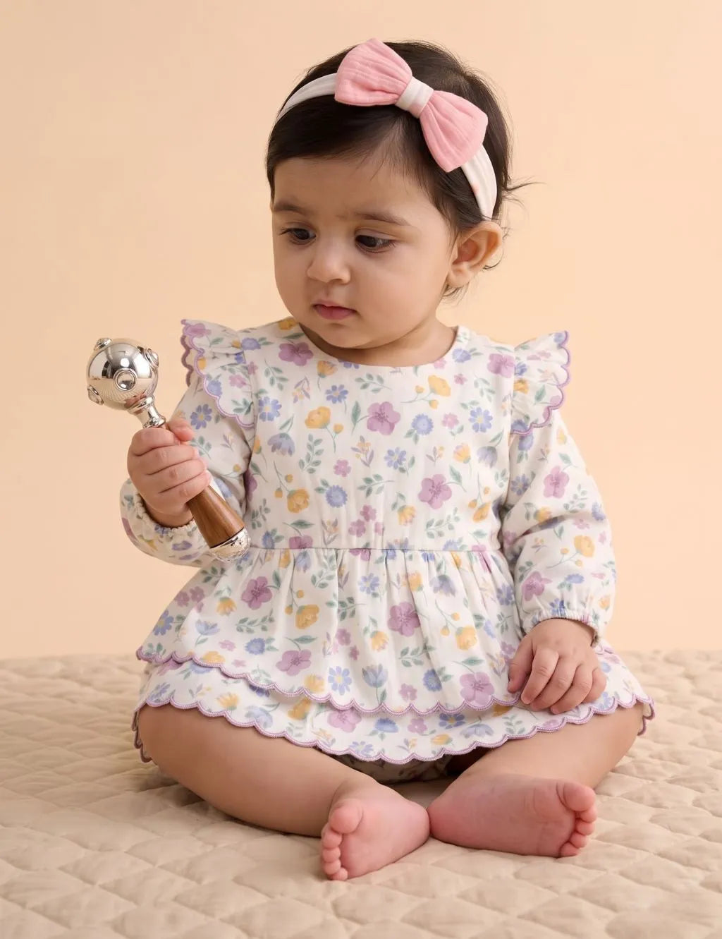 Baby girl sitting with a silver rattle wearing a floral tiered dress with purple scalloped trim and a pink bow headband.