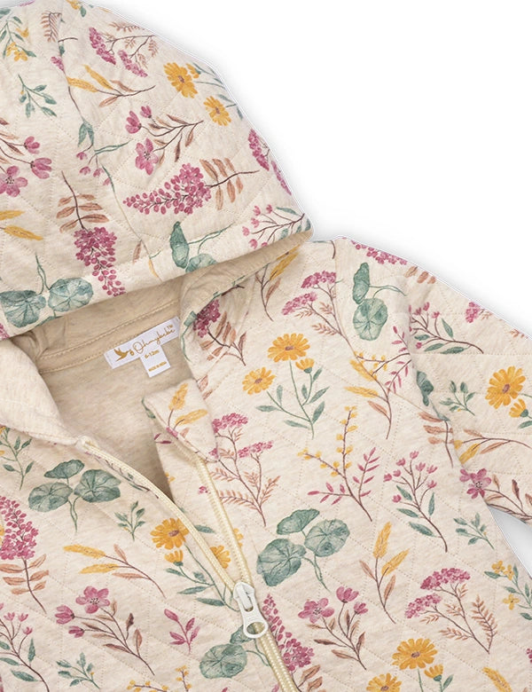 Hooded baby jacket with beige background and colorful floral print in yellow, pink, and green