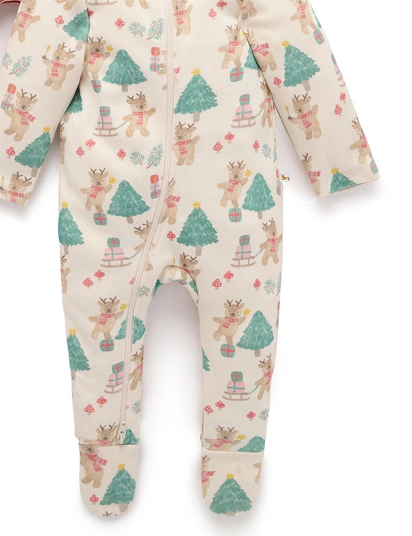 Baby onesie with Christmas tree and reindeer pattern on a white background