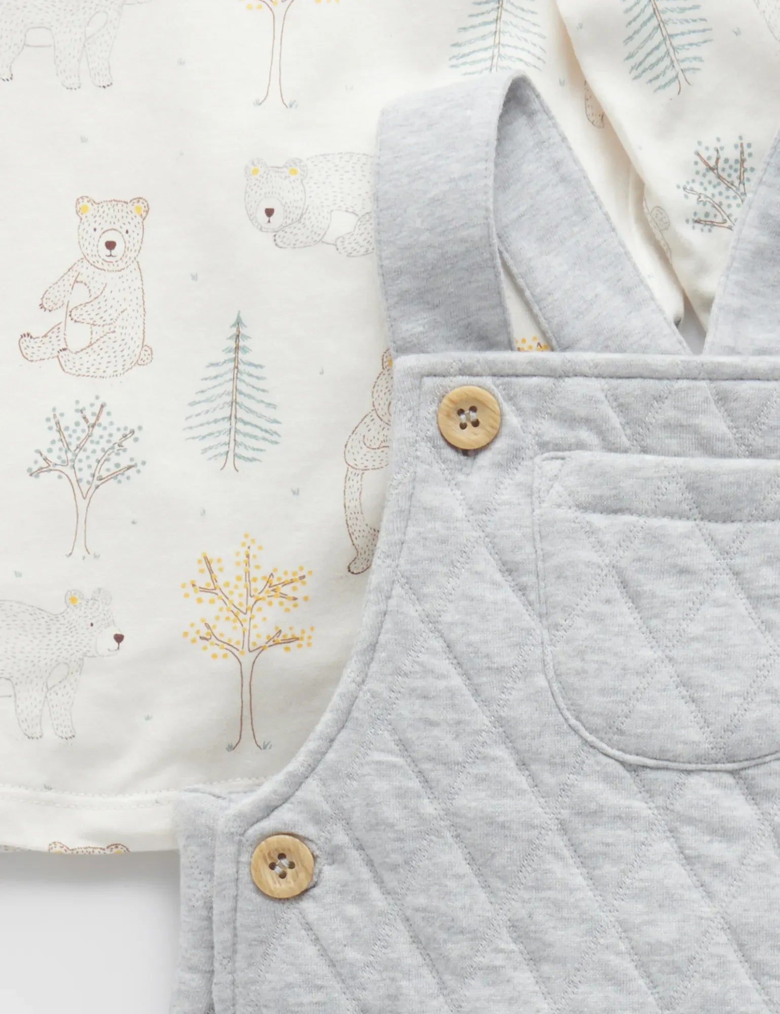 Grey quilted baby dungaree with wooden buttons and bear print white baby clothes