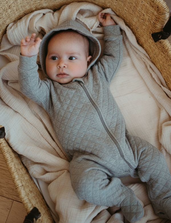Baby in a quilted gray onesie lying on a beige blanket inside a woven basket.